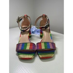 Bibi Lou Rainbow Glitter Block Heel Sandals Square Toe Ankle Strap Size 37